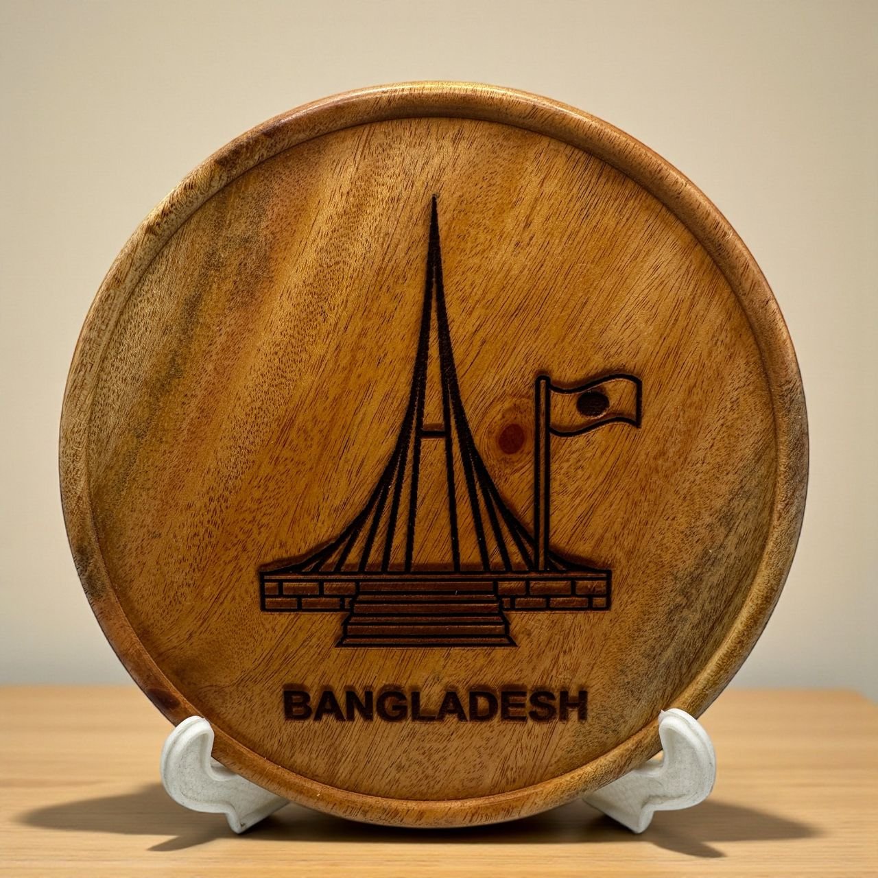 Bangladesh National Martyrs’ Memorial Monument Round wooden Monogram for Table or Desk with stand 6 inch - Image 2